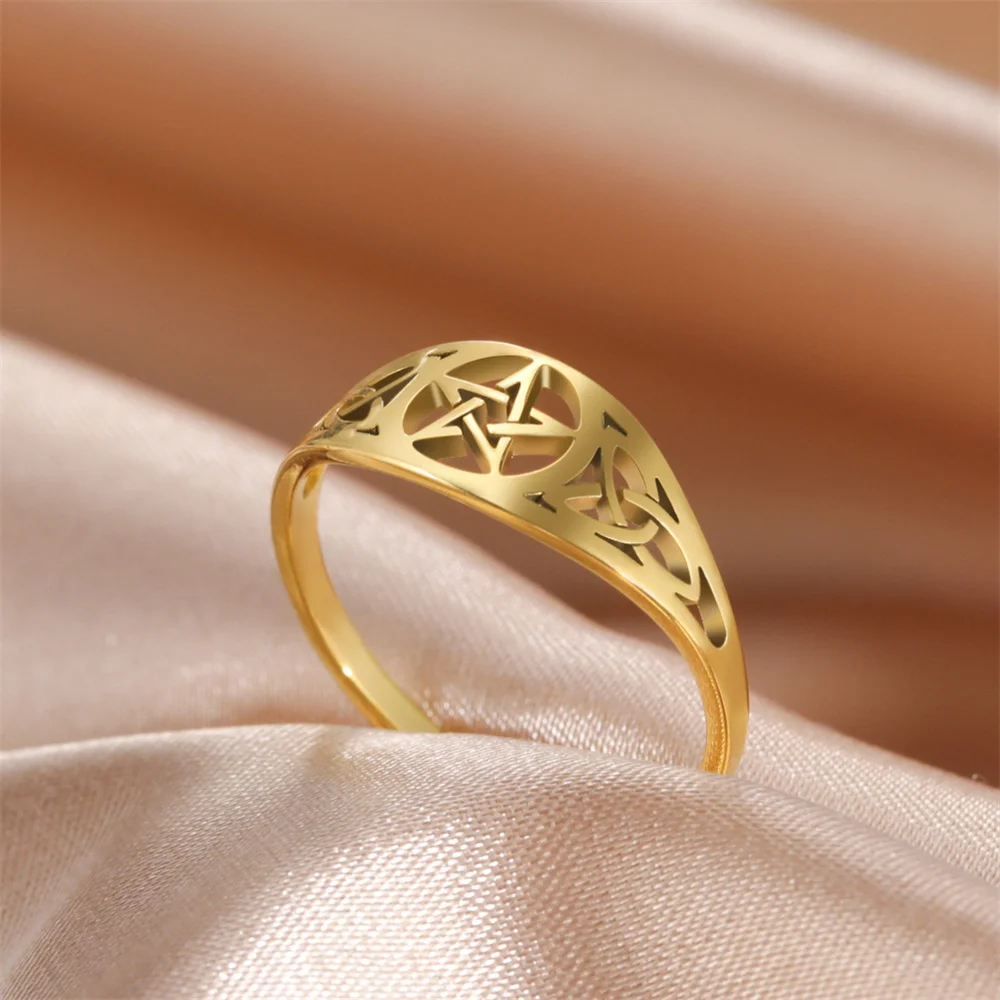 Skyrim Hollowed Out Double Flower Pentagram Stainless Steel Ring For Women's Fashionable Retro Talisman Jewelry Gift