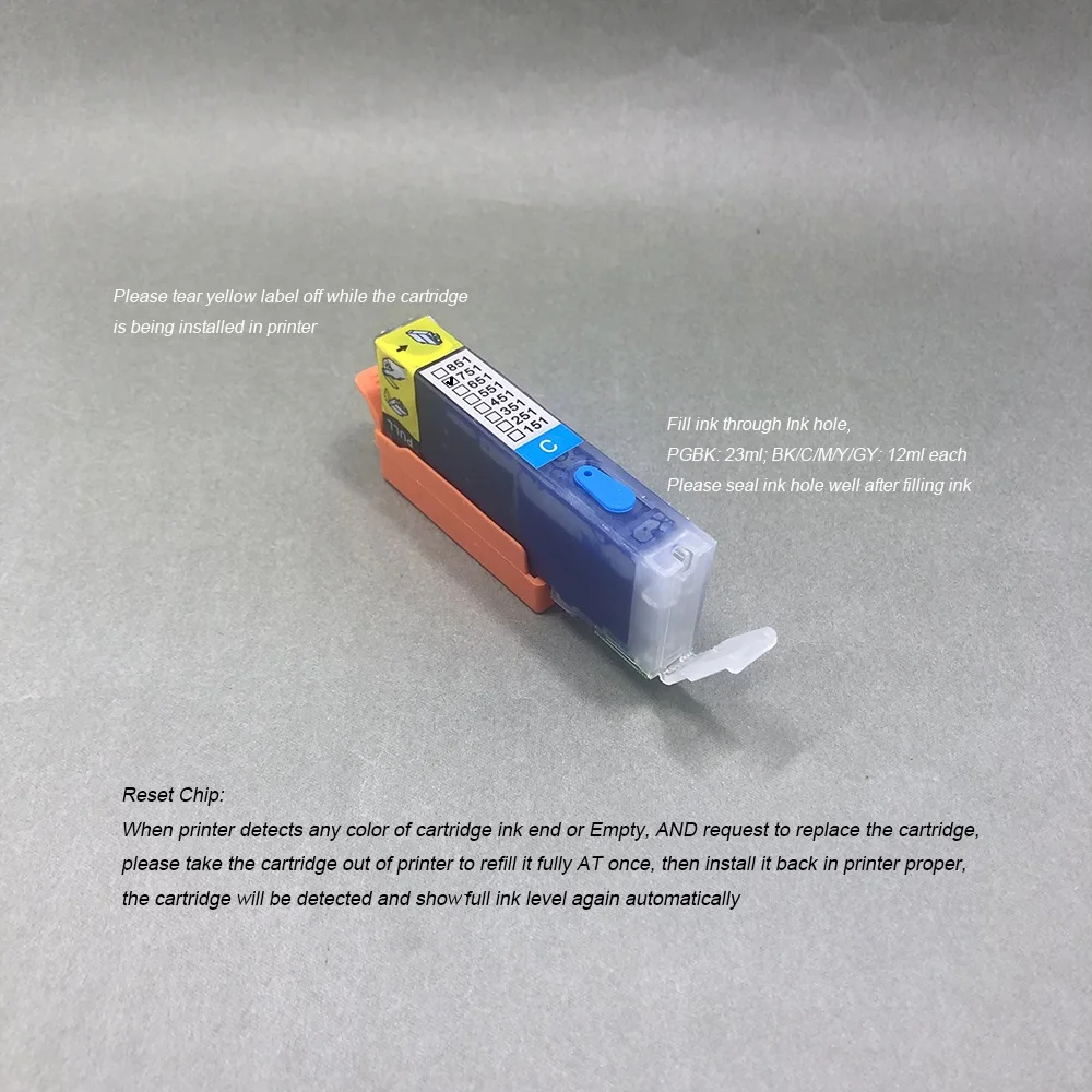 5Color Fulll Dye Ink Refillable Cartridge PGI-750 CLI-751 for Canon PIXMA MG7170 MG7570 iP7270 iP8770 MX727 MX927 IX6770 IX6870