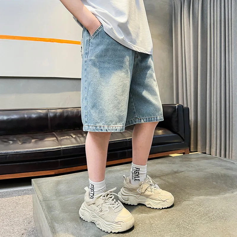 Hot Sale Kids Child Casual Denim Shorts with Letter Pocket for Tweens Boys Loose Straight Jeans Shorts Pants 5 7 9 11 13 14 Y