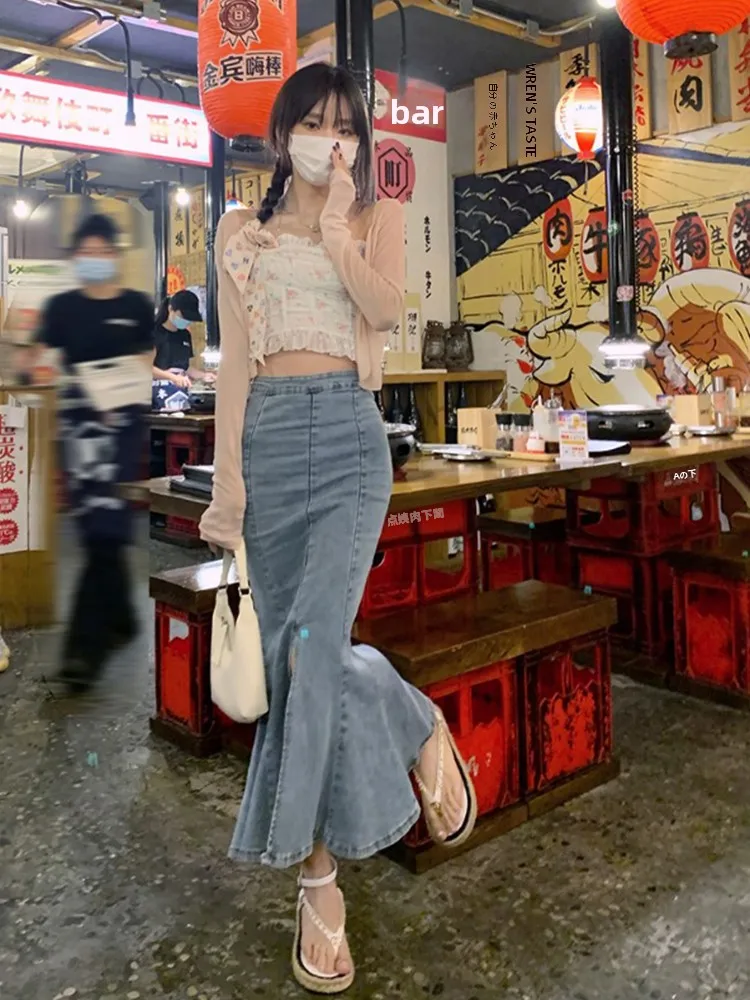 Salt Series High Waist Half Skirt Women's Thin Style Summer New Fish Tail Skirt Sexy Thin A-Line Long Skirt Pure Color