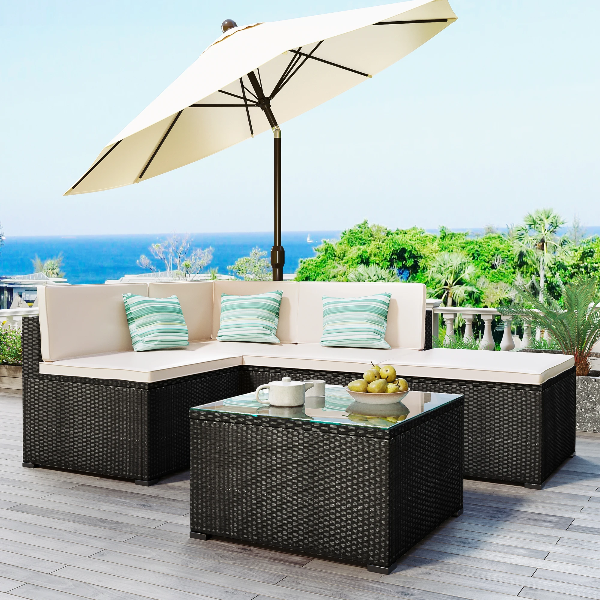 5-stück Terrasse Rattan PE Wicker Möbel Ecke Sofa Set Terrasse Möbel Set Für Hinterhof Veranda Pool,