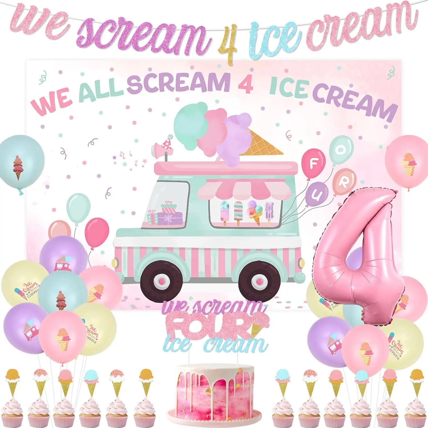 

4th Ice Cream Birthday Party Decor We All Scream 4 Ice Cream Backdrop Cake Topper Summer Ice Cream Party Favors for 4th Girl