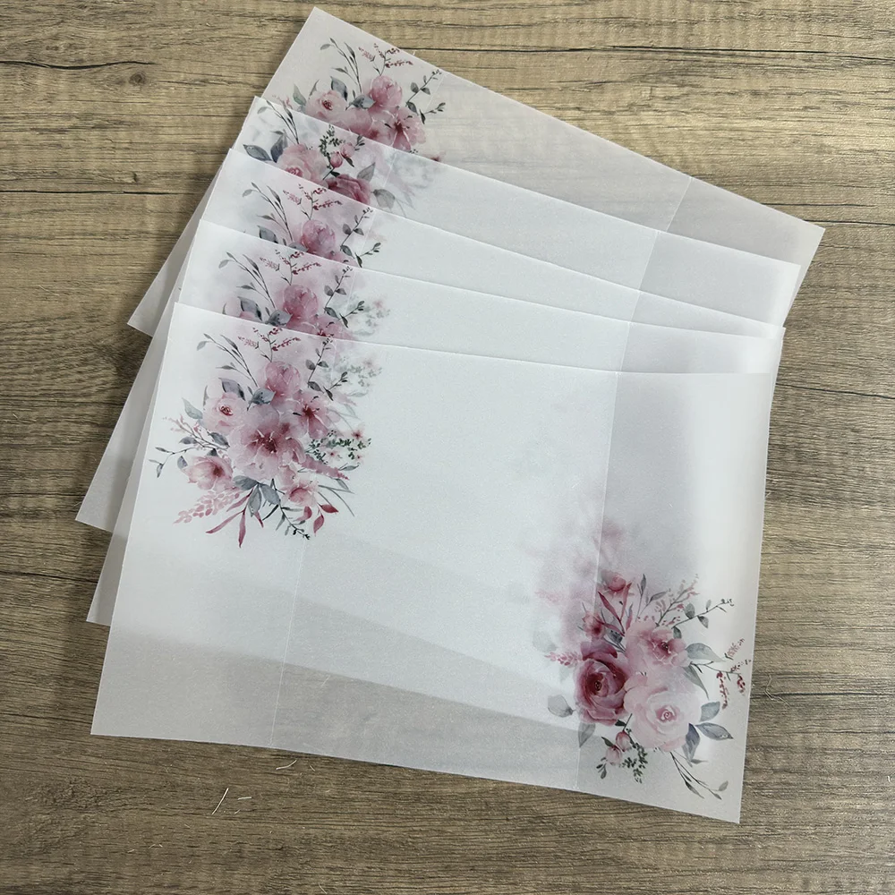 PINK flower Vellum  Wrap suitable for a 5 x 7 Wedding Invitation