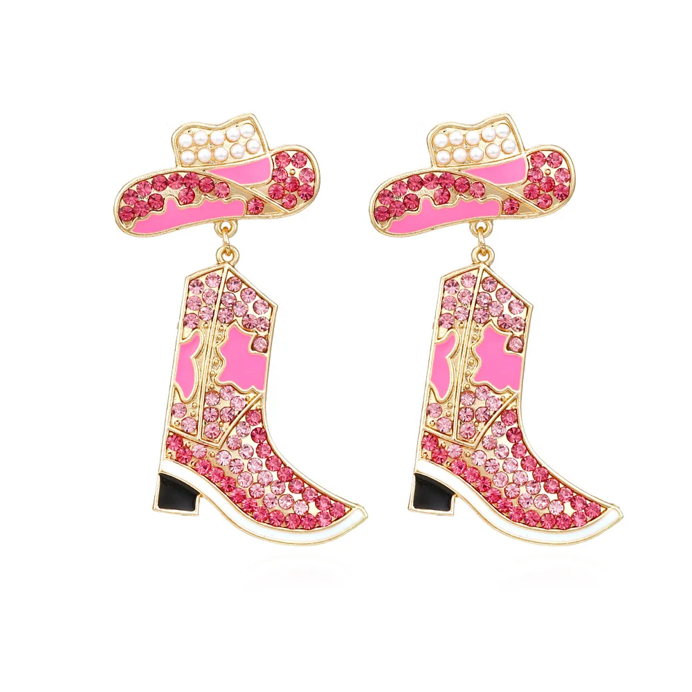 Fashion Modern Girl Oil Drop Diamond Cowboy Boots Earrings Exaggerated Temperament Colored Diamond Cowboy Hat Earrings