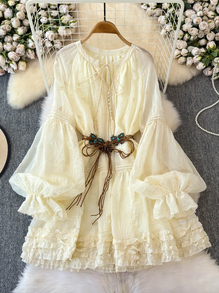 

Новая женская весенне-осенняя юбка-трапеция с завязками на талии, высокой талией, длинными рукавами и V-образным вырезом, удобная для повседневной носки