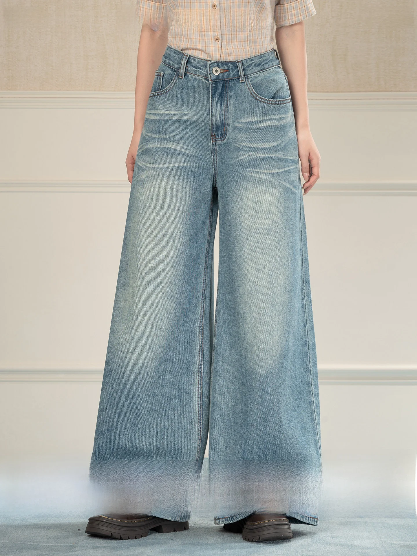 

Новые американские ретро-джинсы синего цвета с высокой талией и широкими штанинами для женщин, весенние, скрывающие бедра, стройнящие, длинные брюки прямого кроя без стрейча