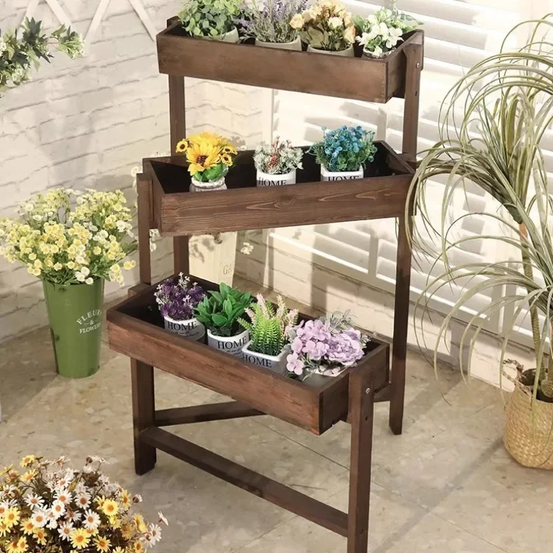 Multi-layer wood floor-to-ceiling outdoor anti-corrosive solid wood three-layer trapezoidal flower shop wooden shelf
