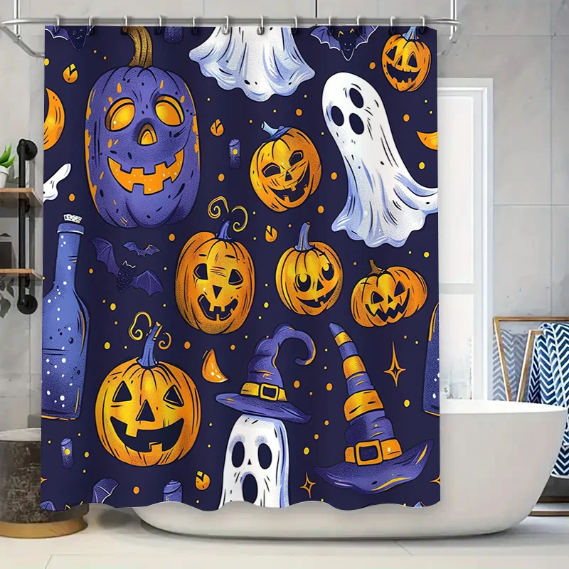 

Занавеска для душа на тему Хэллоуина с тыквенными фонариками, призраками и шляпами ведьм, водонепроницаемая ткань для декора ванной комнаты