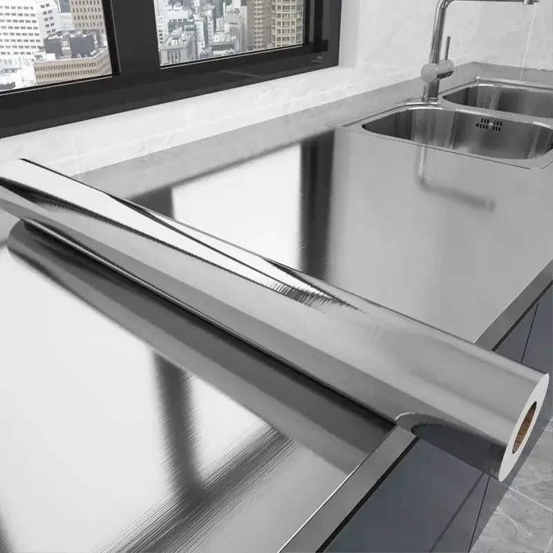 Nuevo níquel cepillado plata DIY pegatina de pared de fondo antiincrustante impermeable ignífugo papel tapiz grueso a prueba de aceite para decoración del hogar