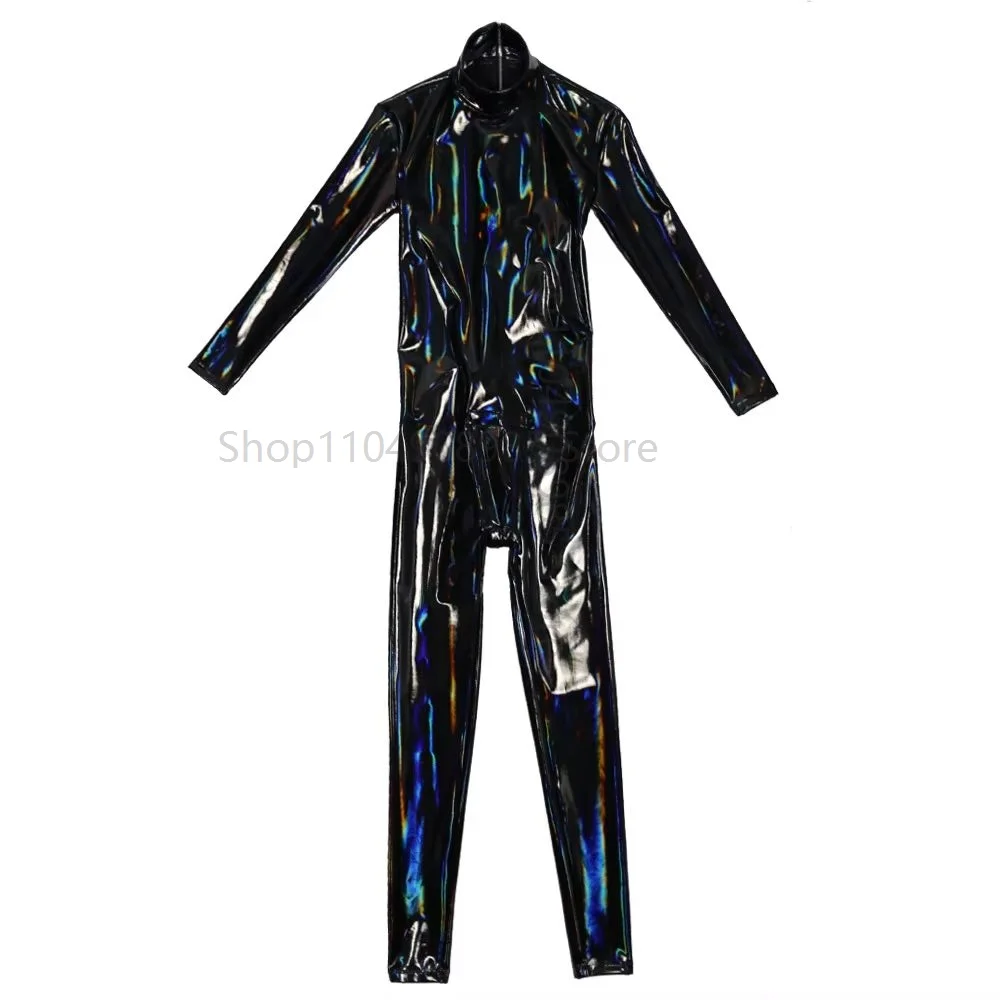 

Dazzle Colour Leather Bodysuit Manservant Cosplay Invisible Zip Crotch Leotard Zentai Bright Leather Footman Stage Tight Catsuit