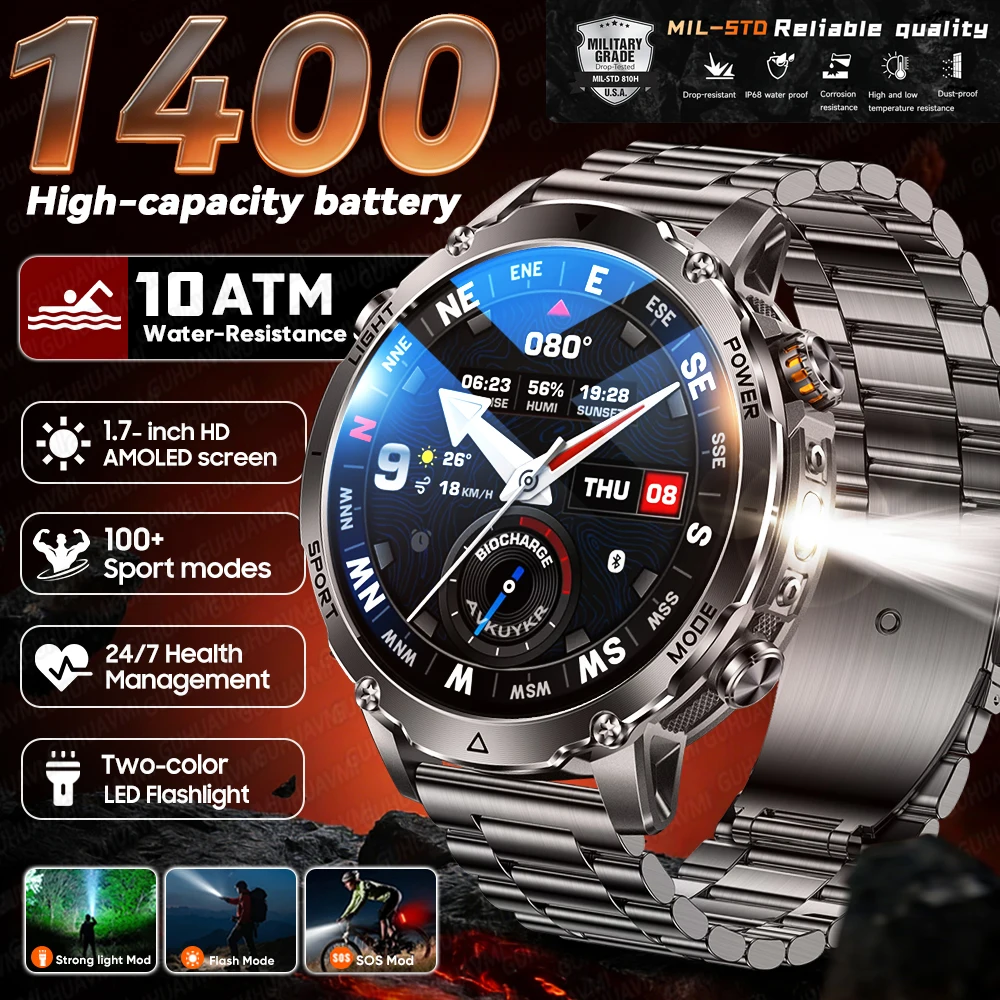 

Newly 1400mAh Large Battery Smart Watch Men GPS Path 10ATM Waterproof LED Flashlight Bluetooth Call HD AMOLED Sports Smartwatch
