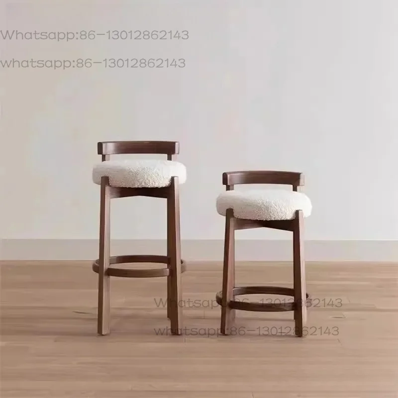 Lamb Wool Solid Wood Bar Chair Hotel Front Desk High Stool Household Long Foot Makeup Chair
