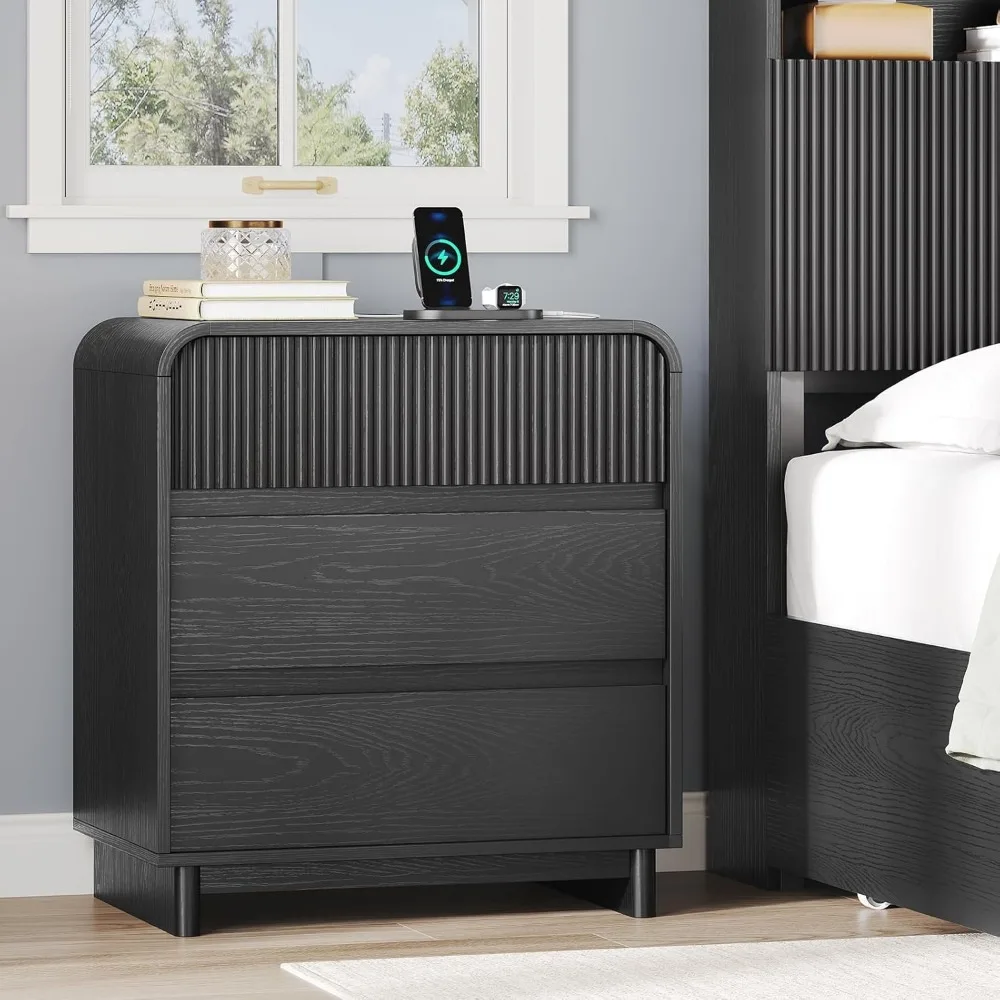 Exquisite Fluted Nightstand with Charging Station, Black Nightstand with 3 Drawers, Wide Night Stand Curved Anti-Collision Desig