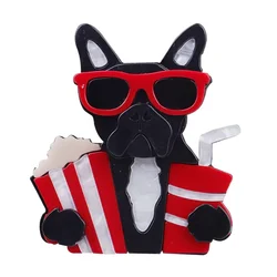 FishSheep New Acrylic Movie Dog Brooches Pins For Women Lovely Animal Bulldog With Popcorn Cola Big Brooch Jewelry Collections