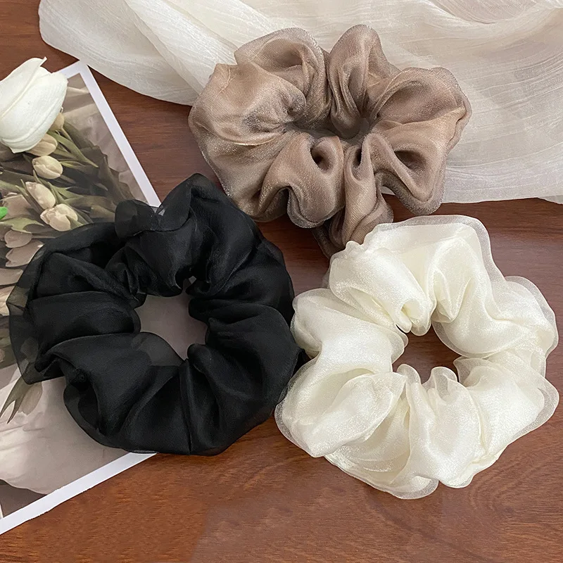 

Two Pcs For One Bag New Pure Color Double-layer Mesh Simple Large Intestine Hair Ring Girls Elegant Versatile Headwear