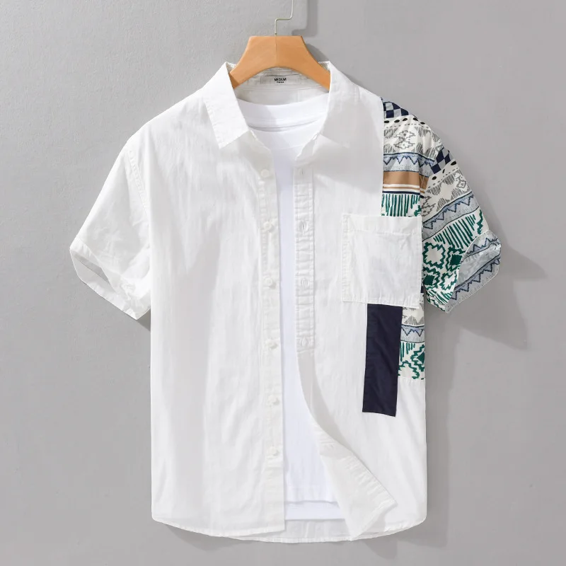 

Casual Cotton ort Sve irt Men's Summer Breathable Pure Cotton Patchwork Color Blo Retro Design Trendy f Sve irt