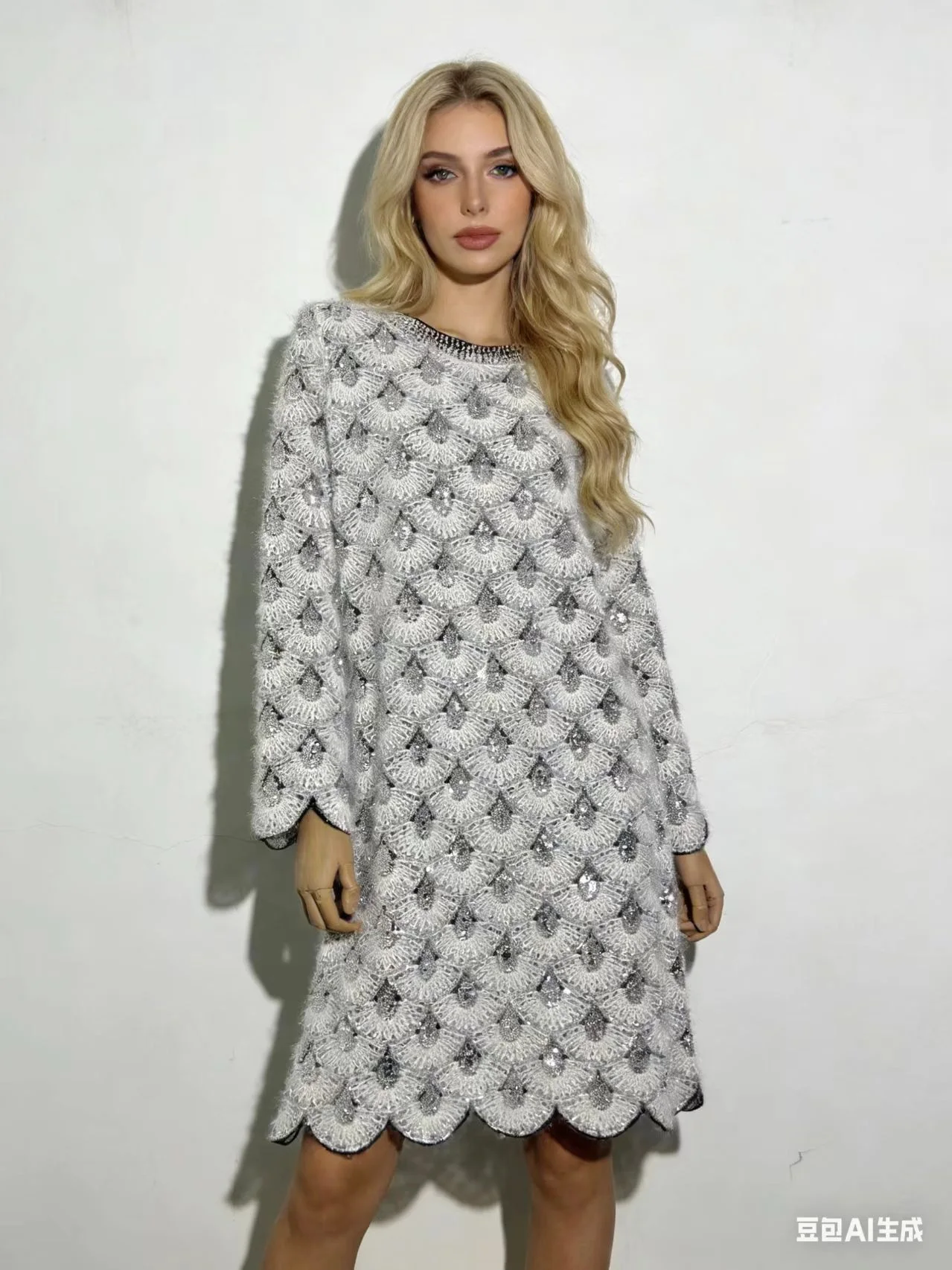 

Новое женское вечернее платье из твида в дизайнерском стиле, с пайетками и бисером, с круглым вырезом, длинными рукавами и фестончатым подолом, для торжественных случаев и вечеринок