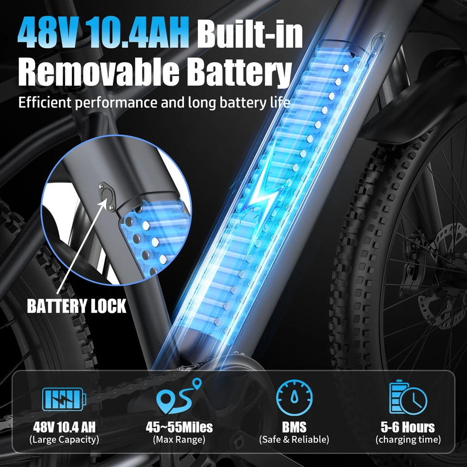 ASKGO Adult Mountain Electric Bike, 1500W Peak Motor, 25MPH Top Speed, 26" Tires with Front & Rear Brakes, 48V 10.4Ah Removable Battery, 55 Miles Max Range, 7-Speed Gearshift for Urban Commute, UL2849 Certified image 4