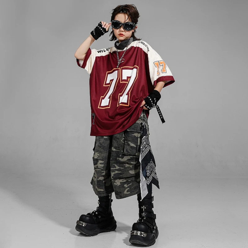 

Костюм для уличных танцев для мальчиков, модная одежда в стиле хип-хоп, свободная футболка, камуфляжные шорты, костюм для девочек, одежда для выступлений на сцене в стиле K-pop и джаз