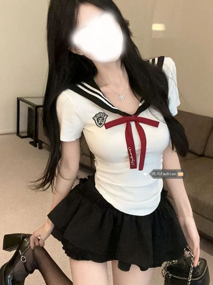 

Новинка 2025 года, элегантный топ с короткими рукавами + юбка, комплект из 2 предметов, женские весенне-летние дизайнерские топы с воротником, темно-синие тонкие юбки с высокой талией