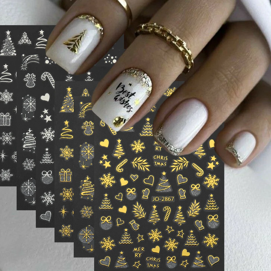 6 قطع من ملصقات أظافر عيد الميلاد - ذاتية اللصق ذهبية الشظية الساخنة ختم الشتاء ندفة الثلج، شجرة، قصب الحلوى تصاميم شارات الأظافر #1