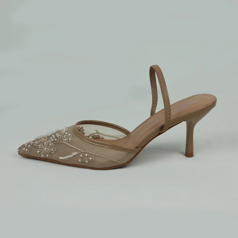 Women's Sandals 2025 Summer Brand Designer Ladies Flower Mesh Open Heel Shoes Sexy High Heel Pointed Toe Stiletto Pumps Mules