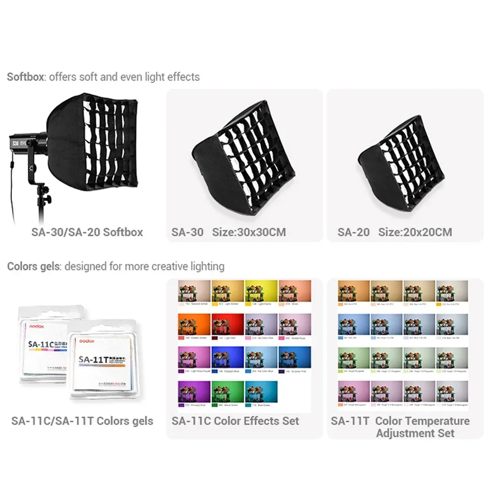 Godox S30 LED-lichtaccessoires Projectielens SA-P SA-17GOBO Set SA-09 SA-10 Kleurgels Kit SA-06 Softbox SA-05