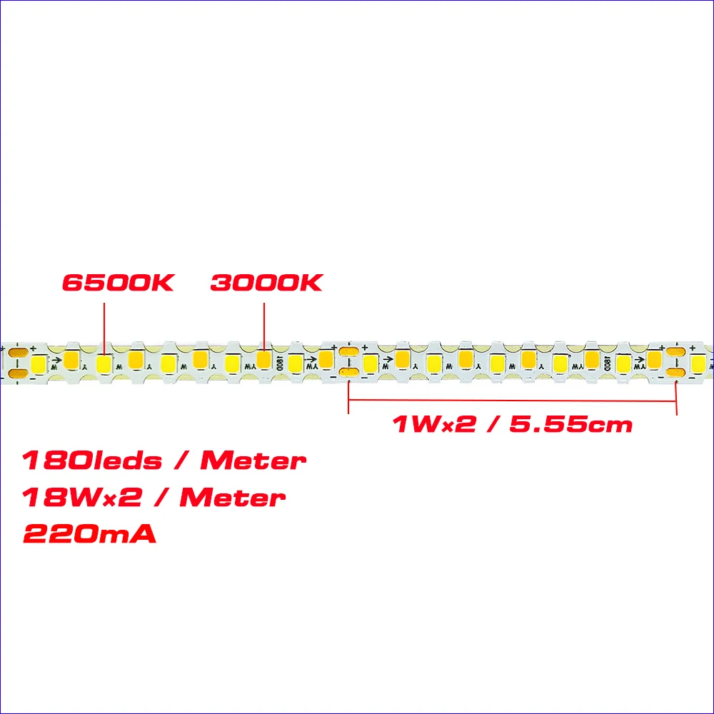 SANAN chip 2/3/4 meter 2835 180D 220mA Dual Colors Constant Current LED strip for repairing chandeliers, 3000K+6500K LED ribbon