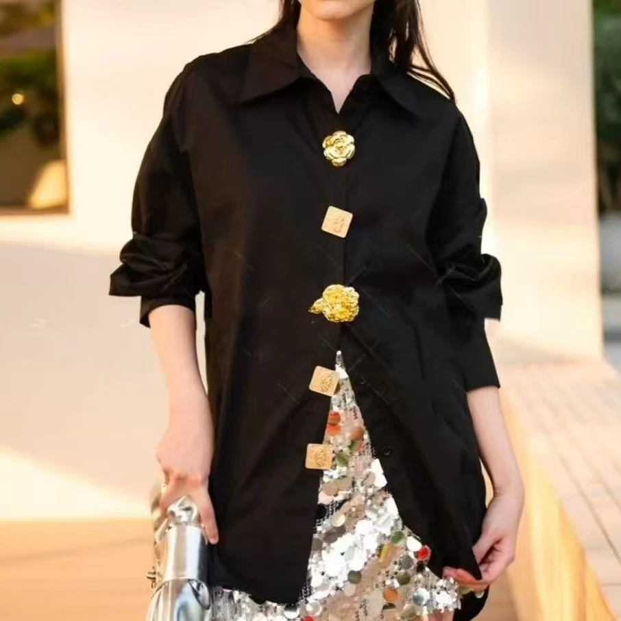 

High-end Oversized Cotton Luxury Black Shirts Blouses For Women 2025 Spring Long Sleeve Shirts Single Breasted Tops Blusas