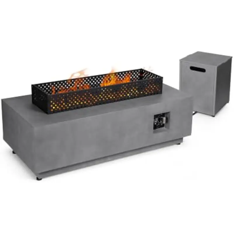 42 Inch Rectangular Propane Fire Pit Table with Removable Lid and Grill Pan for Versatile Outdoor Use Heating Cooking and Seatin