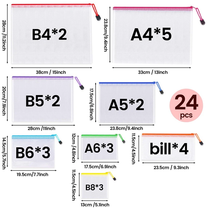 24Pcs Mesh Zipper Pouch Bags-8 Sizes Zipper Pouches For Organization,Mesh Bags With Zipper File Bag With Zipper Well-Made