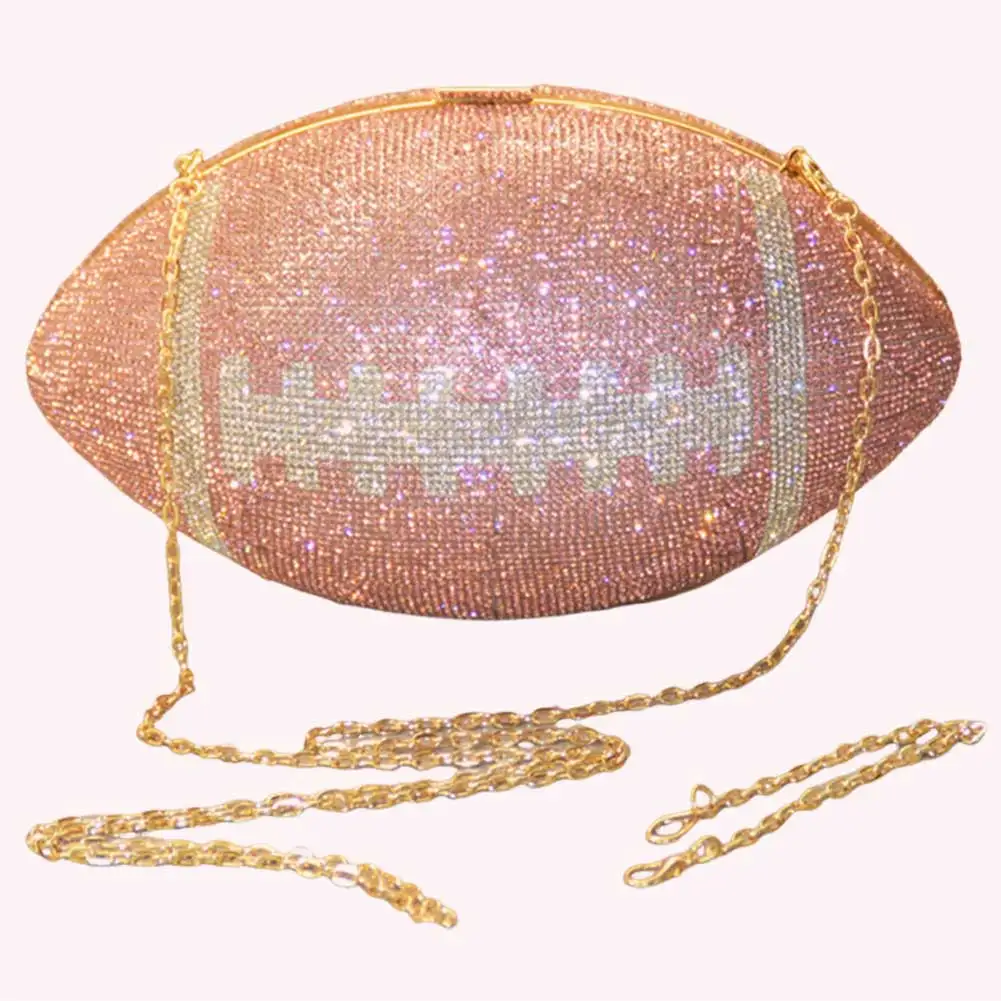 Football Shape Clutch Bag Large Capacity Rhinestone Fashion Handbag Creative Bling Purse with Shoulder Chain Trendy Carrying Bag