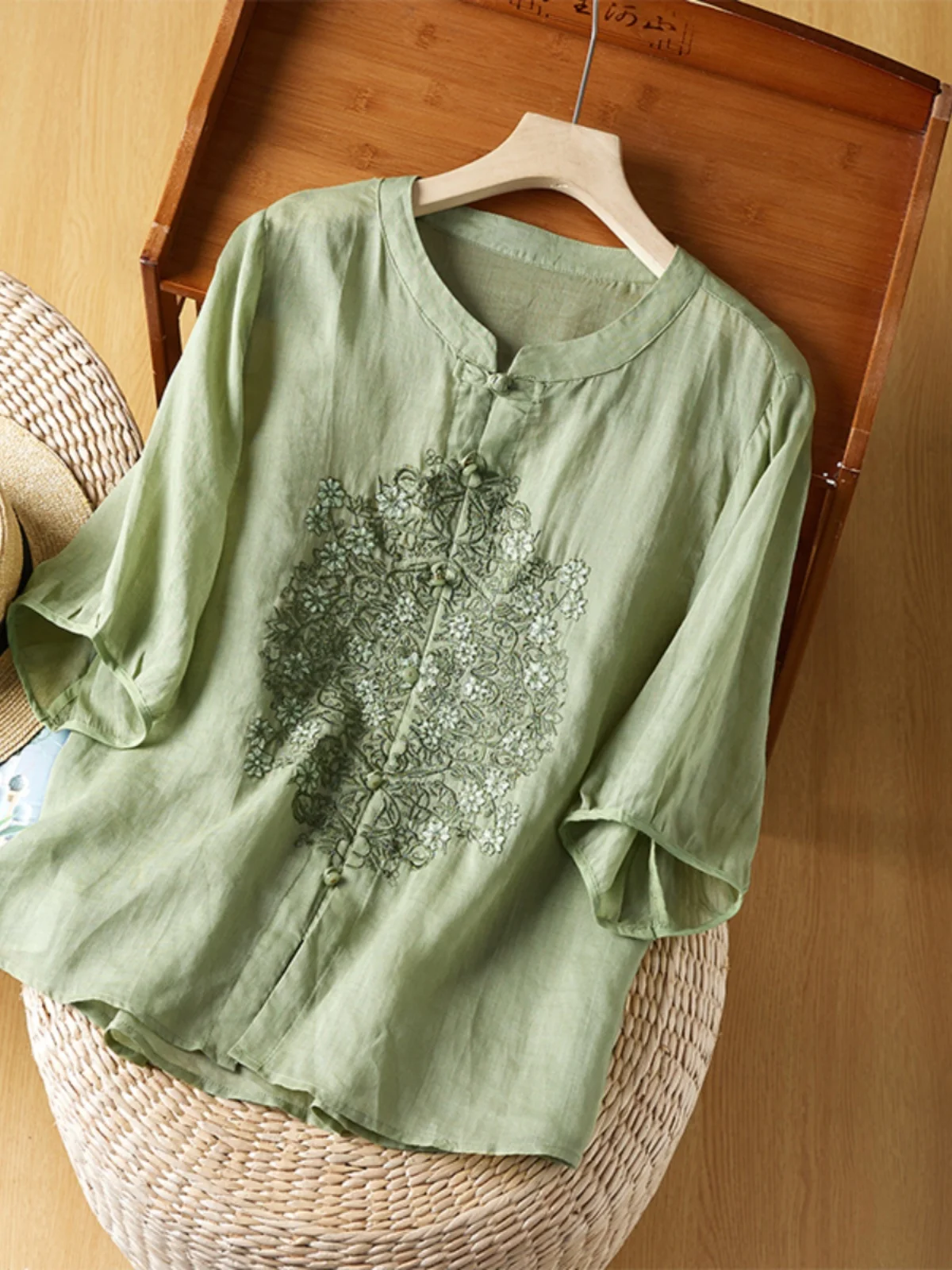 

Ретро-топ из льняного хлопка с вышивкой, воротником-стойкой, свободного кроя, модный летний женский топ