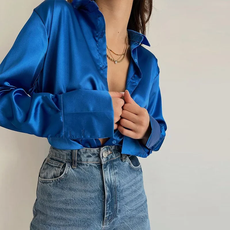 Satin Long Sleeve Blouses Women 2024 Vintage Blue Green Silk Shirt Women Casual Loose Button Up Down Shirts Elegant Tops 18913