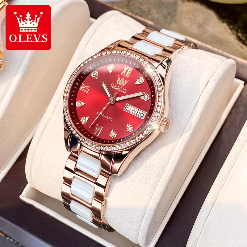 OLEVS Fashion Red Mechanical Watch for Women Waterproof Luminous Week Calendar Luxury Diamond Ceramic Watches Women Montre Femme