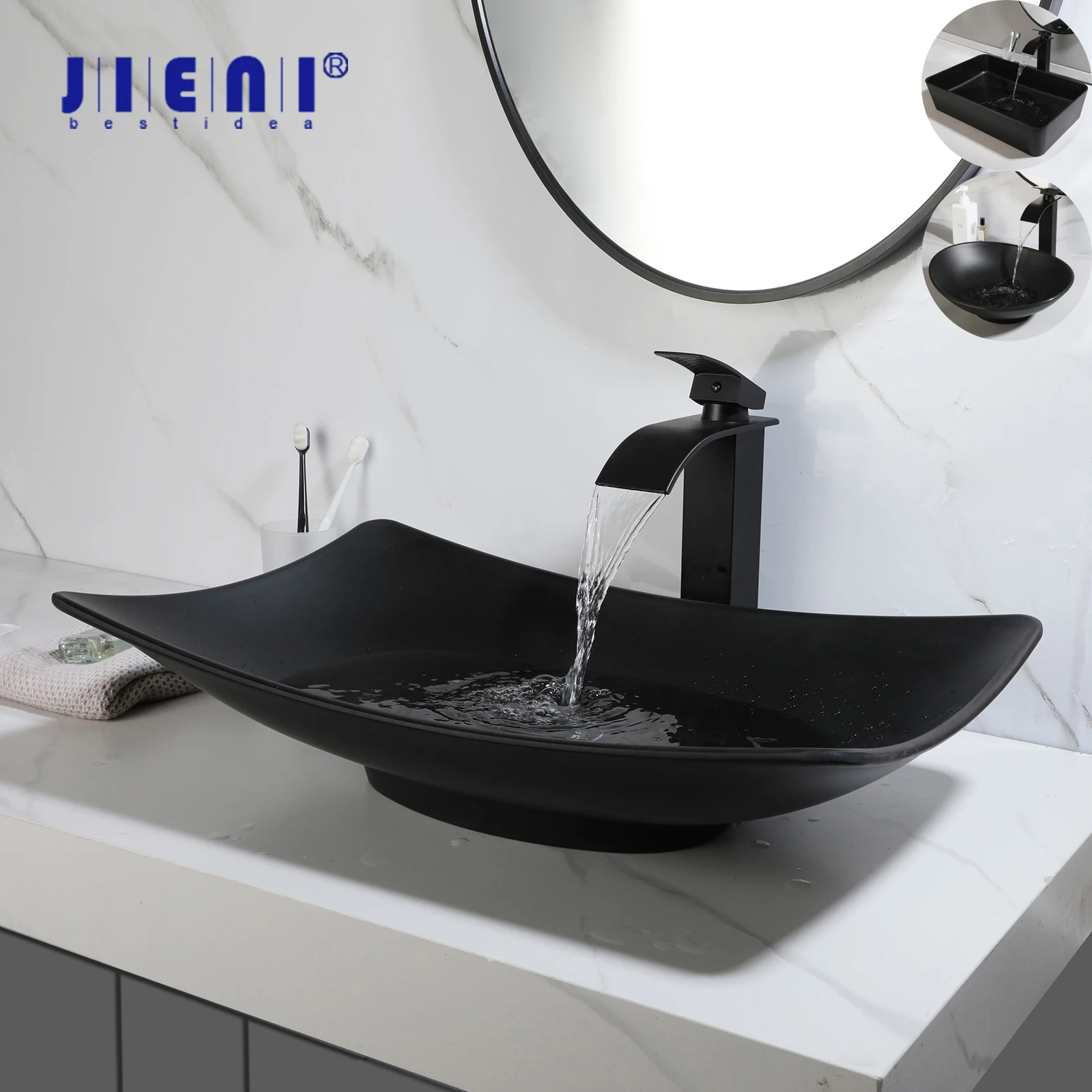 JIENI Matte สีดําห้องน้ําอ่างล้างจานก๊อกน้ําชุดเรซิ่นร่วมสมัยชามอ่างล้างหน้าทองเหลืองก๊อก Pop Up Drain Combo ชุดอ่างล้างหน้า