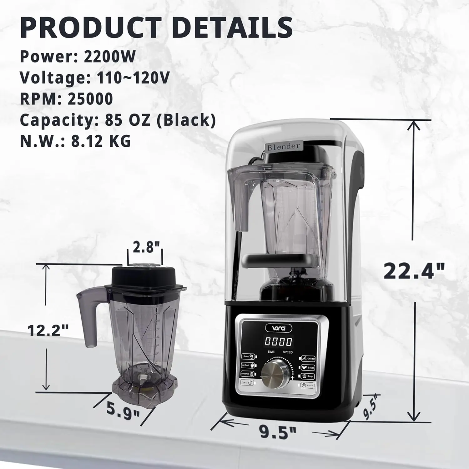 خلاط تجاري بقدرة 2200 وات مع حاوية صوت، خلاط هادئ بسعة كبيرة 85 أونصة للعصائر، خلاطات صناعية شديدة التحمل F