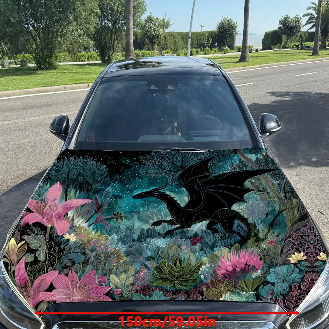 Blue Dragon and Colorful Flower Clusters Car Vinyl Wrap, PVC Material Waterproof Car Hood Sticker, Self-Adhesive Scratch-Resista