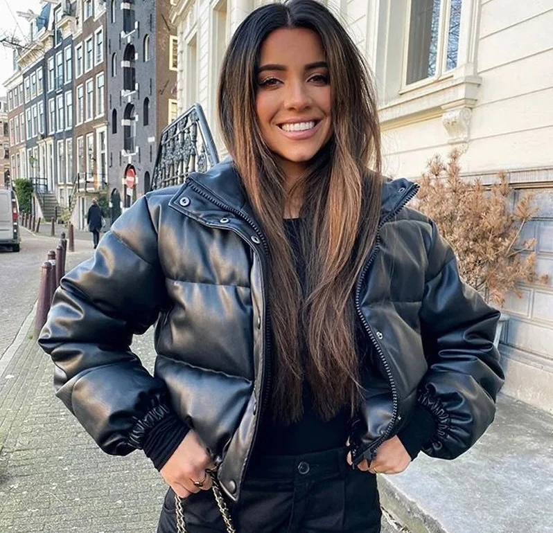 

Winter Warm Thick Leather Coats Women Short Parkas Fashion Black Lady Down Jacket