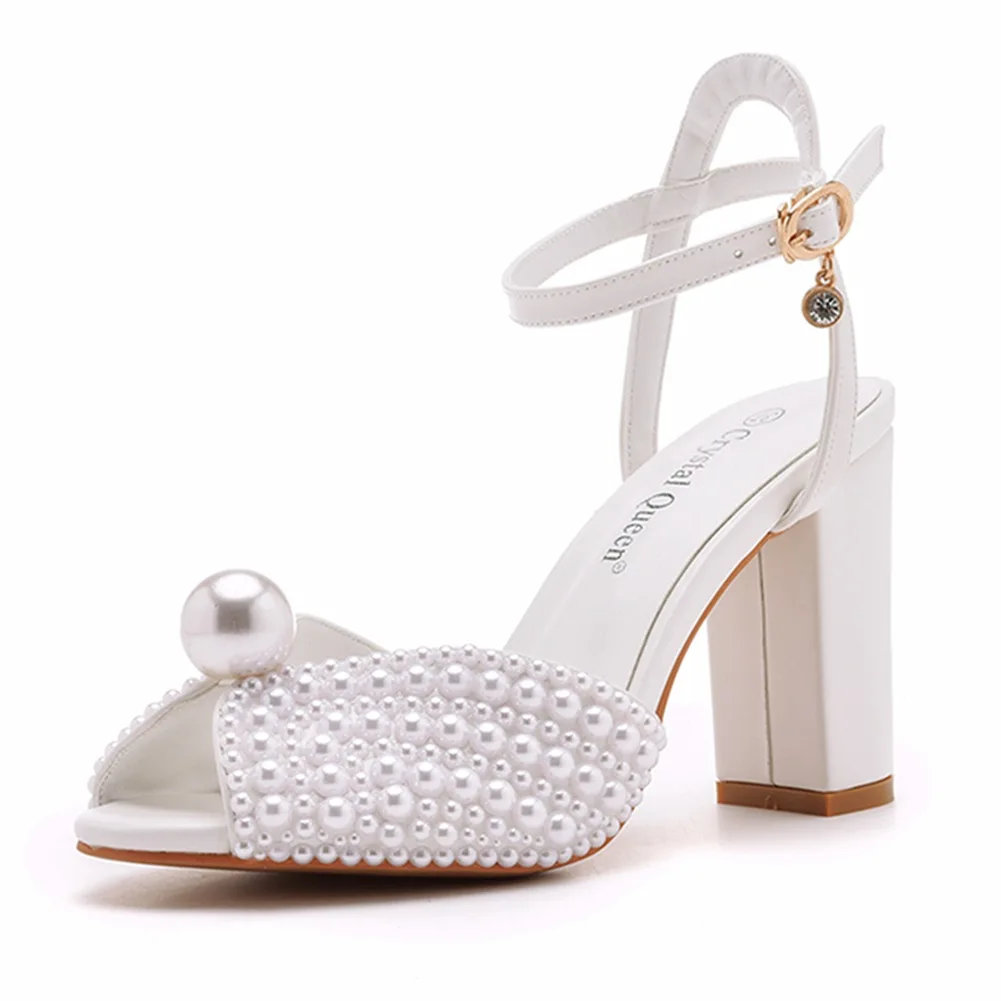 9cm thick heel fish mouth sandals square heel sandals white pearl bride wedding dress pearl wedding shoes