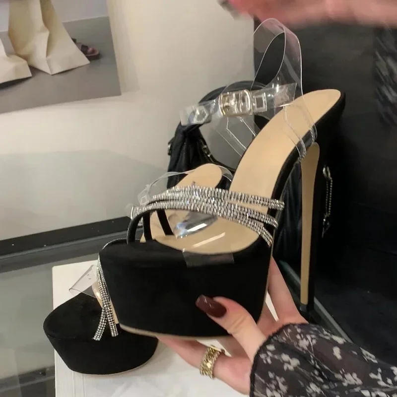 

Aneikeh/Женские сандалии с блестками и кристаллами из ПВХ, прозрачные женские сандалии с пряжкой и ремешком, пикантные вечерние туфли на очень высоком каблуке-шпильке для стриптиза