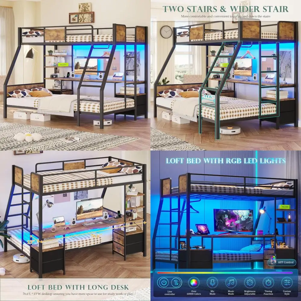 twin over twin bunk bed with desk, charging station, storage drawers, shelves, and double ladders