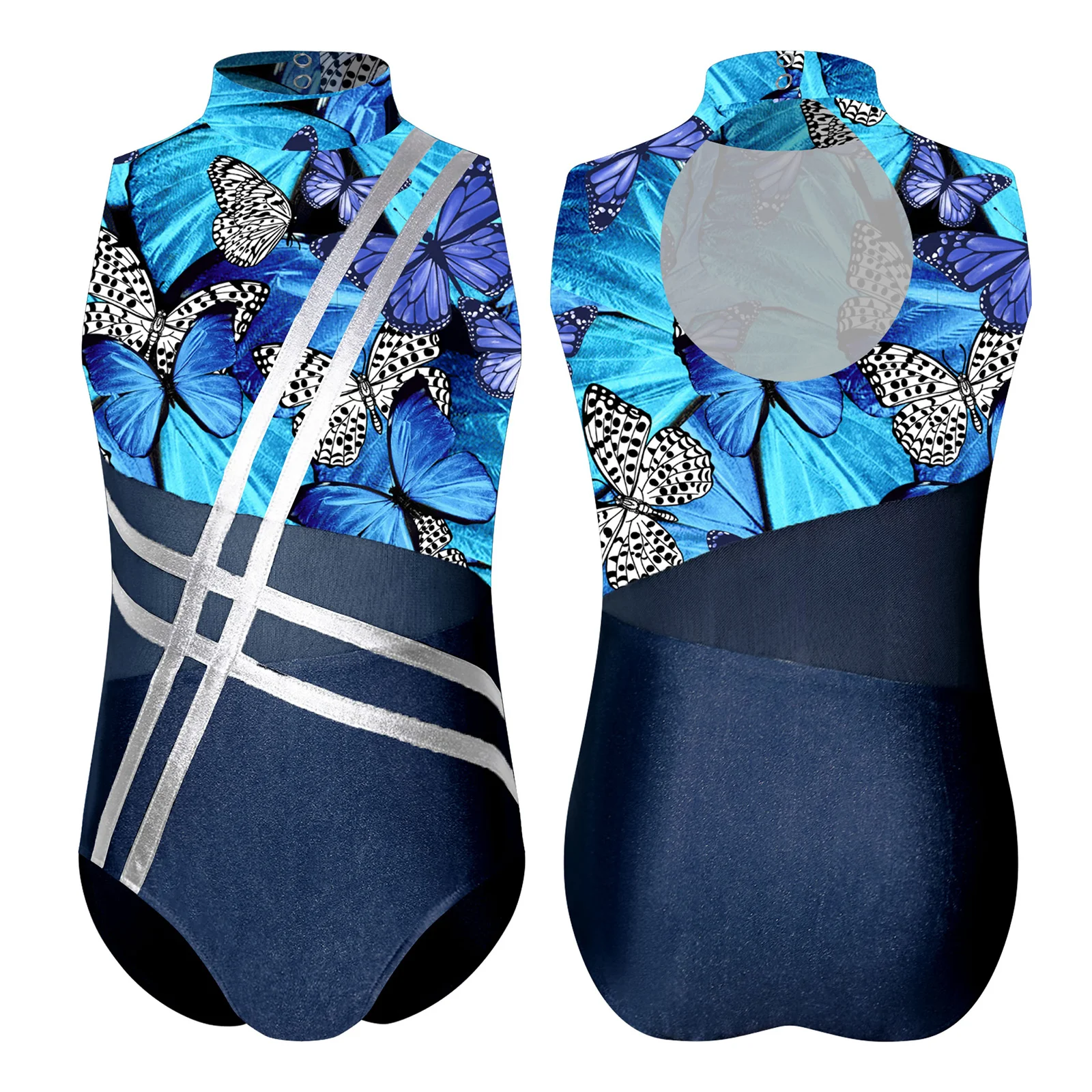 

6-16 Girls Mock Neck Sleeveless Gymnastics Leotards Back Hole Patchwork Dance Bodysuit for Training Competition