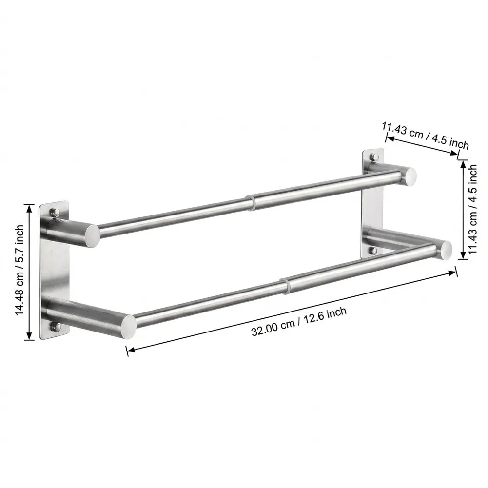 32 Inch Stainless Steel Double Towel Bar Designed for Efficient Towel Storage and Enhanced Drying Through Optimized Bar Spacing