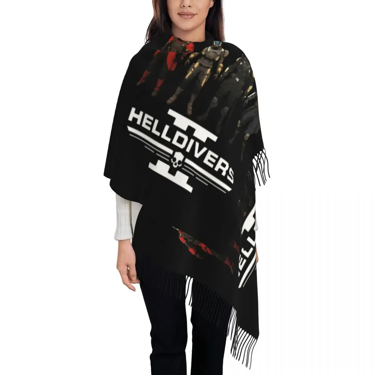 Custom Hot Game Helldivers Tassel Scarf Women Winter Warm Shawls Wraps Lady Scarves