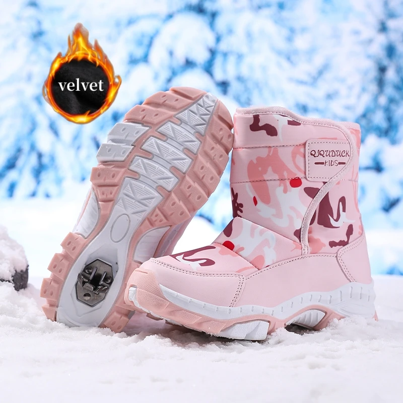 

Winter Fur Children's Snow Boots Non-slip Claw Hiking Boots Kids Trainers Outdoor Warm Velvet High Top Sneakers For Boys Girls