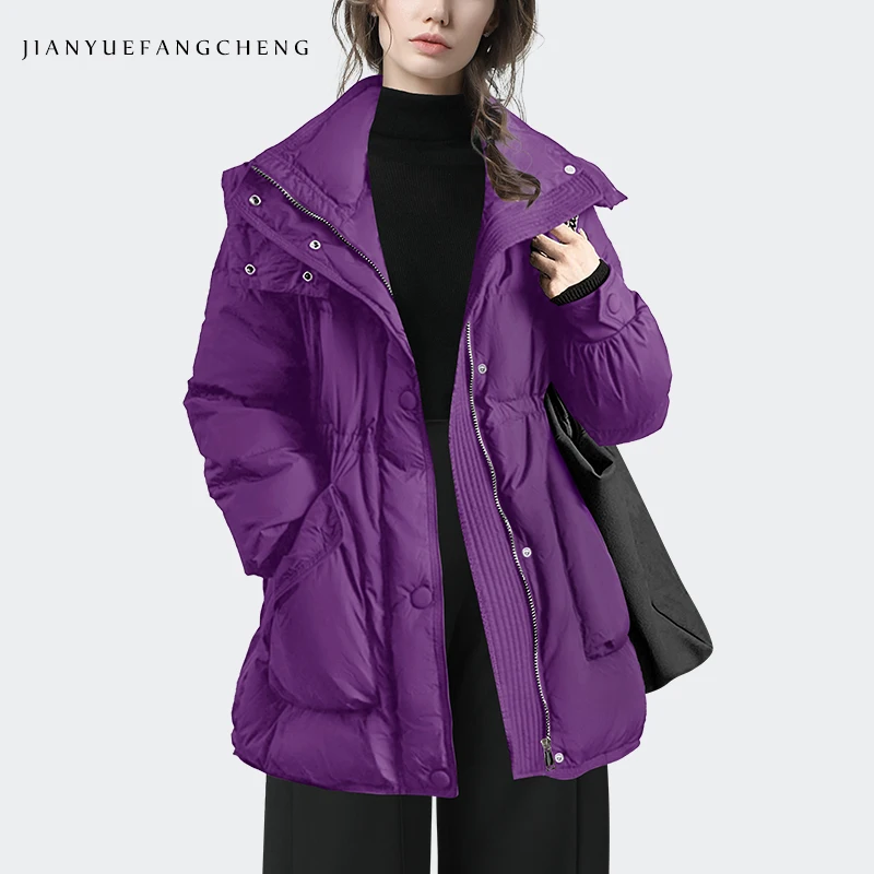 Loose Casual Women Winter Hooded Down Jacket Warm Thickened White Duck Down Padding Puffer Coat With Pockets Lapel Collar Jacket