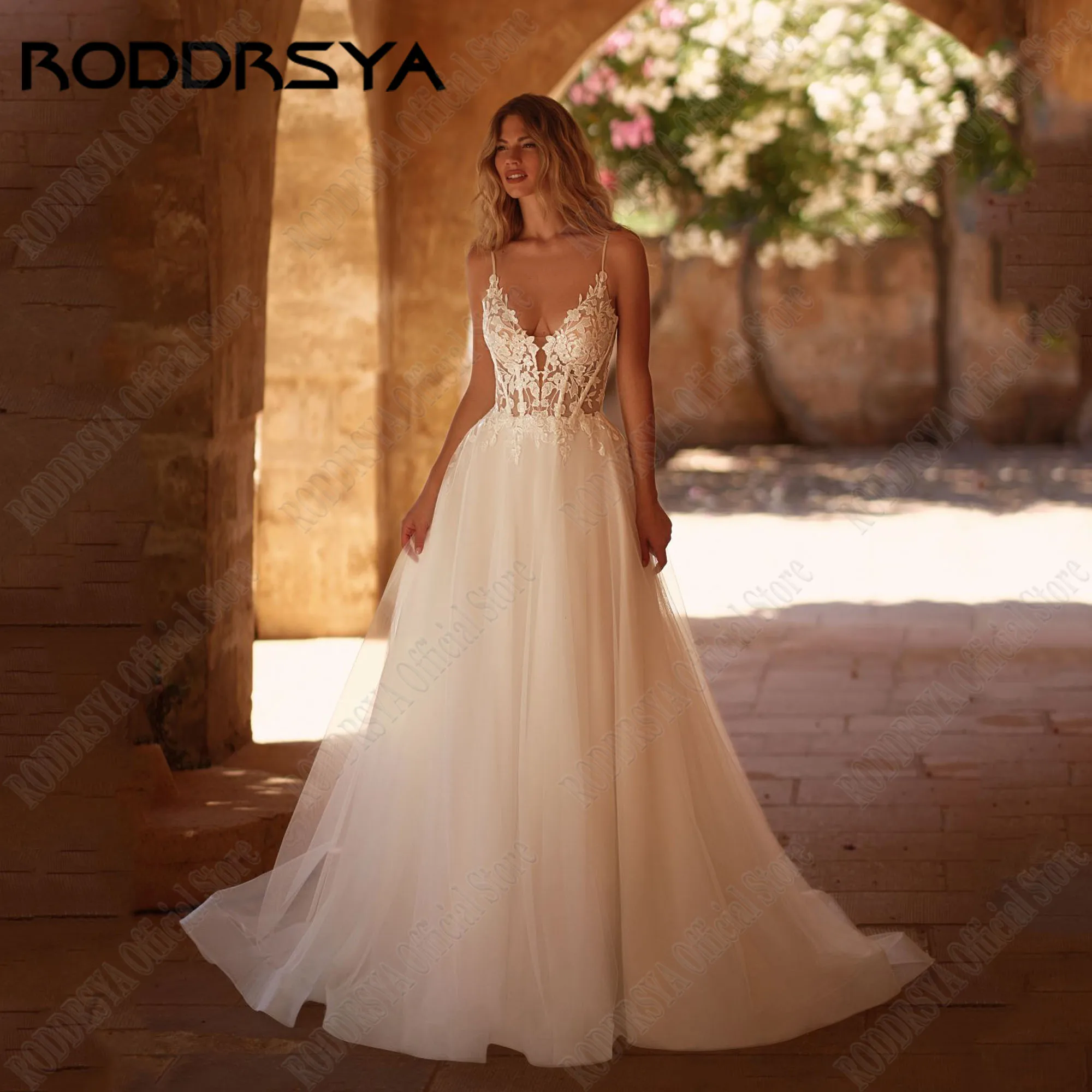 

RODDRSYA Spaghetti Straps Boho Wedding Dress Women See Through A-Line Backless Bride Gowns Applique Lace Robe De Mariée 2025