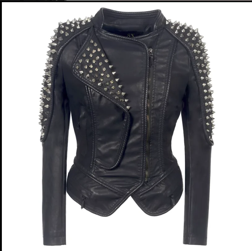 

Autumn European and American PU Leather Women's blazer Short Rivet Black Slim Fit Coat