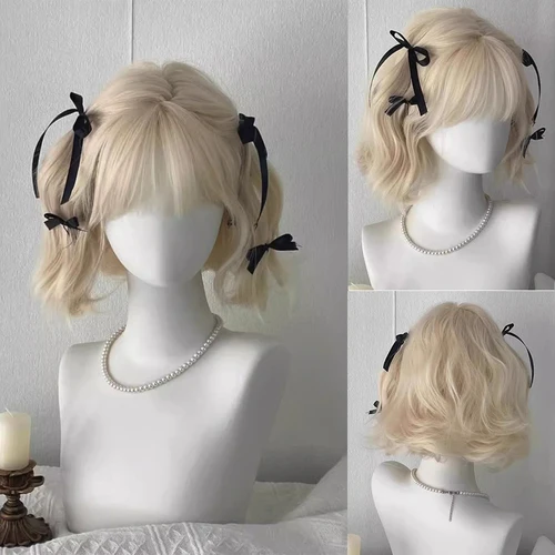 Imagen 2 del producto Peluca sintética Lolita, pelo corto y rizado, 12 pulgadas, dulce y encantador, oro blanco, lana esponjosa Natural, volumen, Cosplay, peluca de cabeza completa para